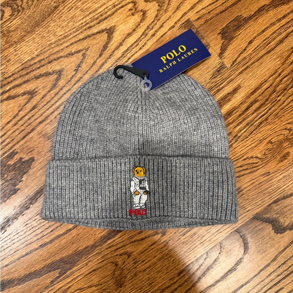 Polo by Ralph Lauren Gray Knit Beanie with Bear Embroidery